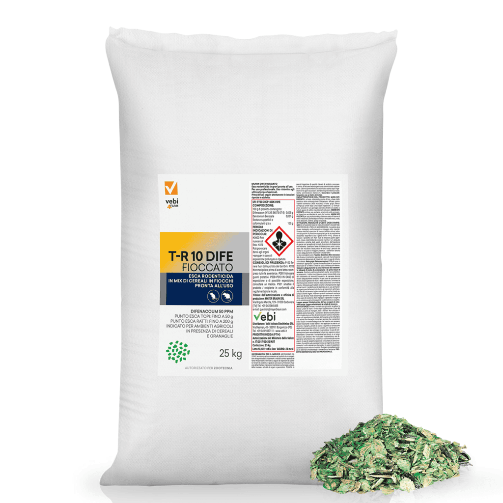 Confezione di esca rodenticida in formulato fioccato di Vebi4FARM