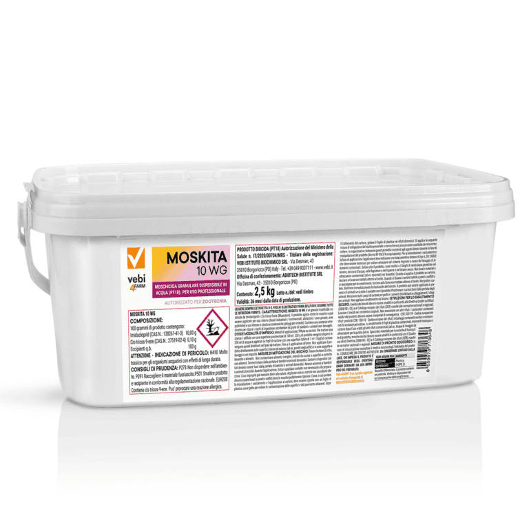 Secchio rettangolare contenente moschicida granulare solubile in acqua di Vebi4FARM
