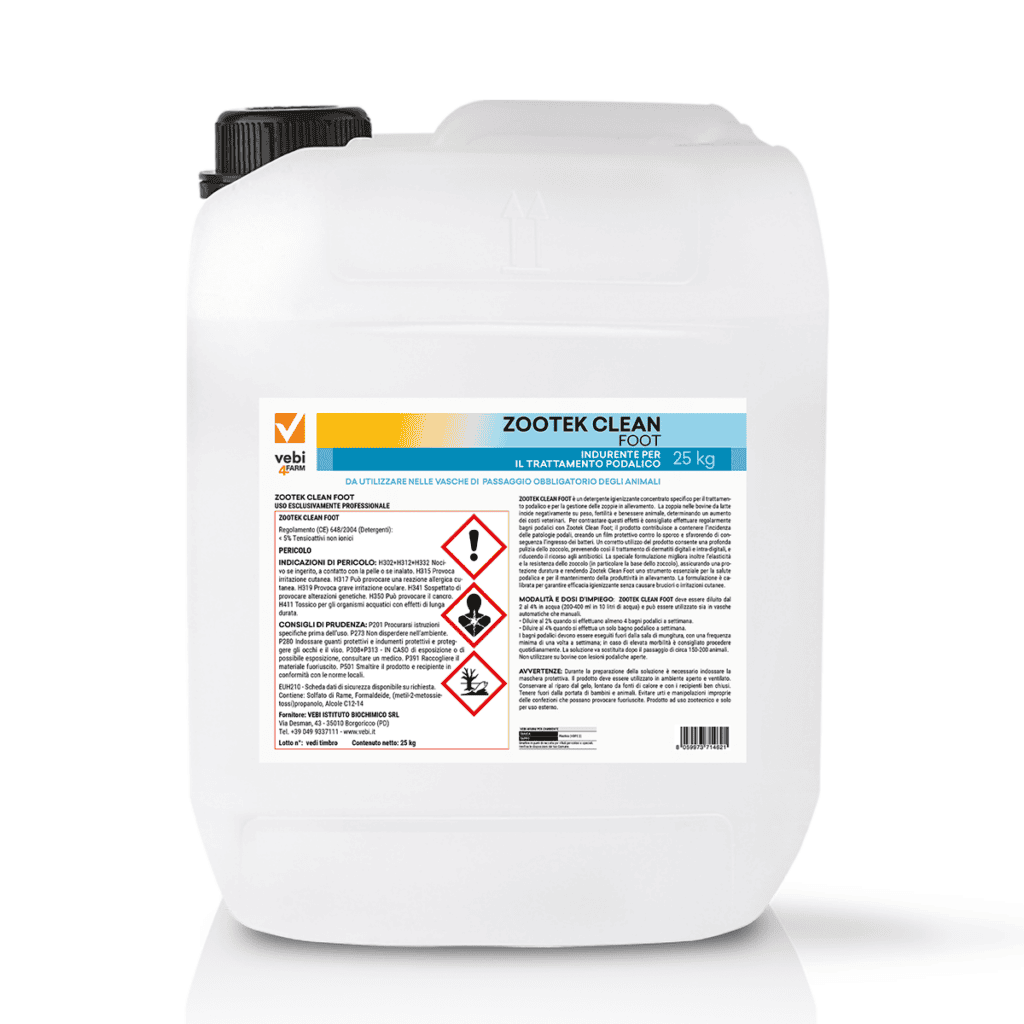 Tanica contenente detergente igienizzante concentrato per il trattamento podalico e per la gestione delle zoppie in allevamento di Vebi4FARM
